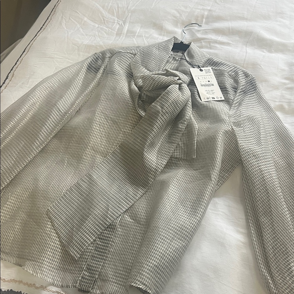 Zara Gray Checkered Blouse with Bow
